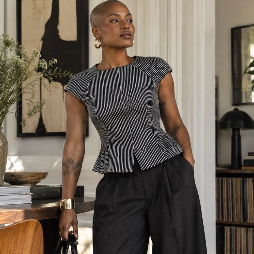 Kenneth Cole Pinstripe Structured Peplum Top 90s Minimalist 6